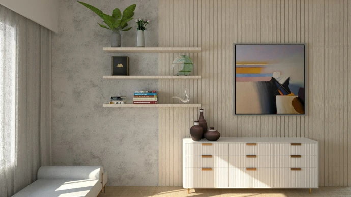 a room with a white dresser and a painting on the wall